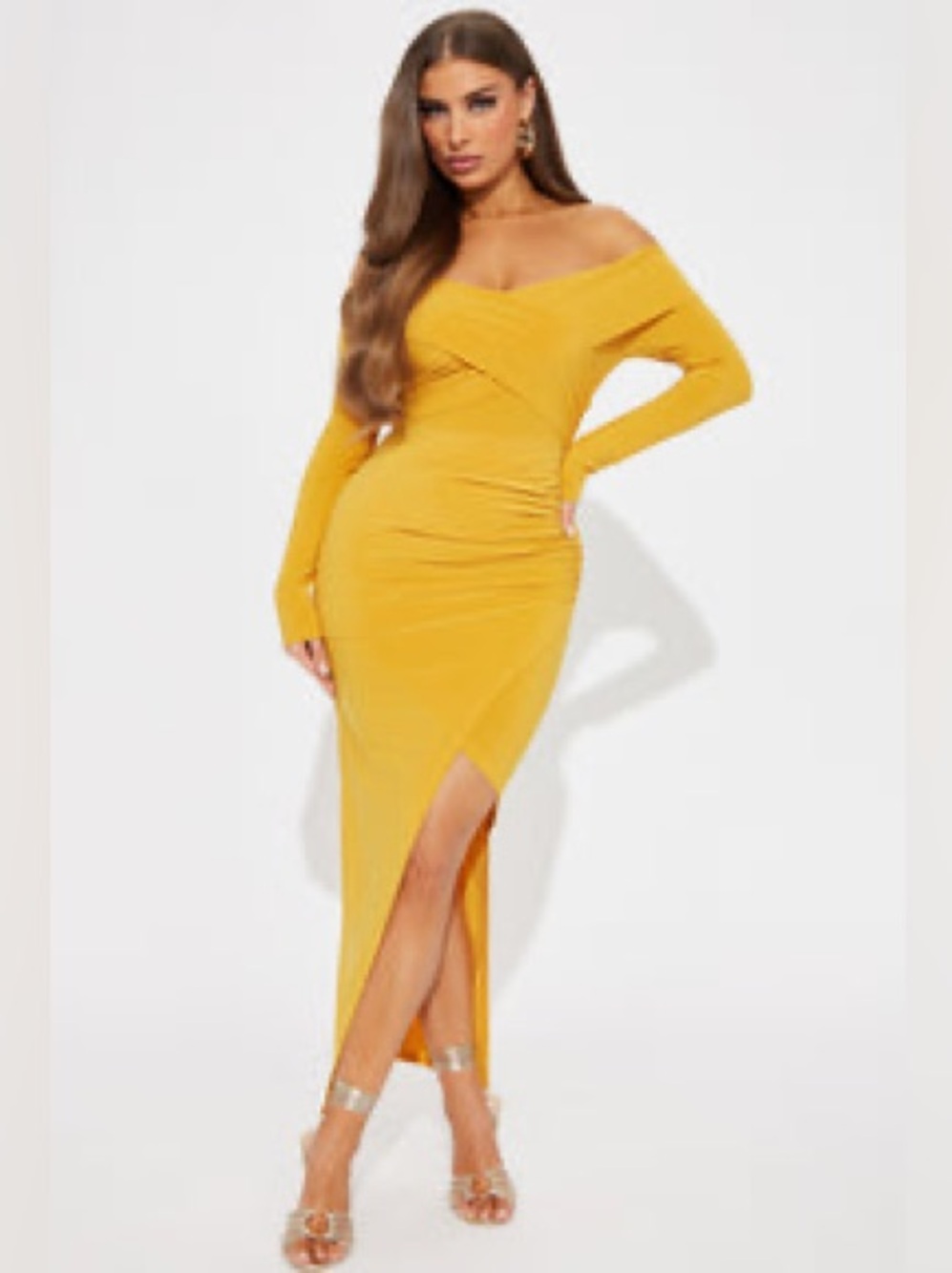 Fashion Nova Mustard Off-Shoulder Ruched Maxi Dress w/Front Slit Kentucky Derby